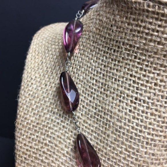 Y Drop Necklace Purple Organic Chunky Translucent Silver Chain Retro Boho Soft - Picture 4 of 7